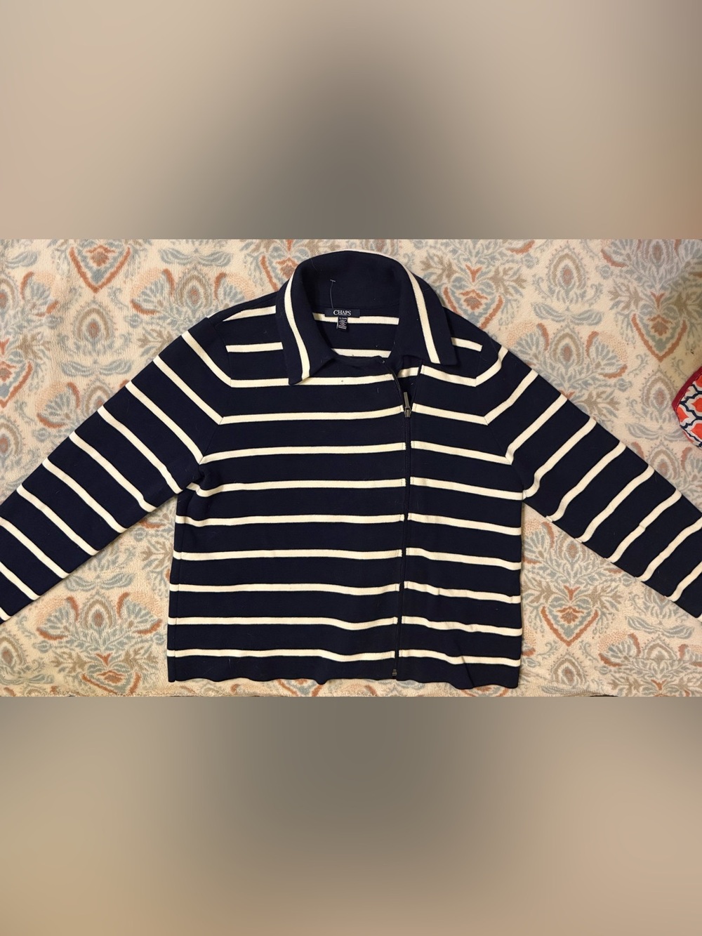 Chaps Navy and White Striped Zip Cardigan Sweater